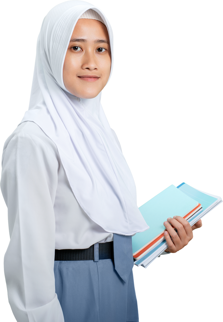 Indonesian high school student woman smiling carrying books